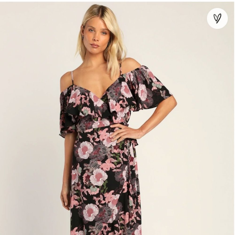 Fully Bloomed Black Floral Off-the-Shoulder Maxi Wrap Dress